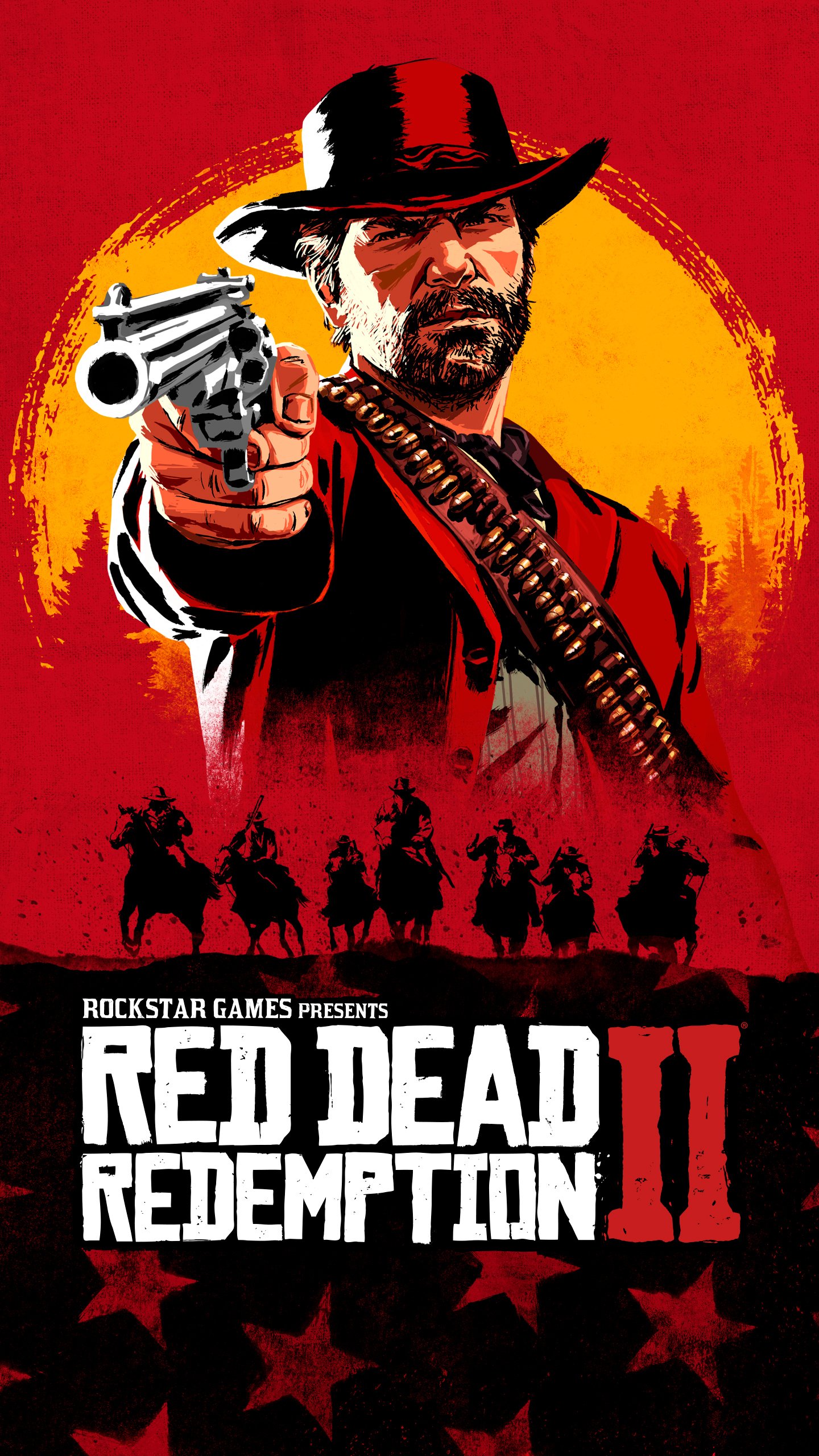 Phone wallpaper featuring Red Dead Redemption 2 artwork with a cowboy aiming a revolver against a red and yellow background, designed for iPhone and Android screens.
