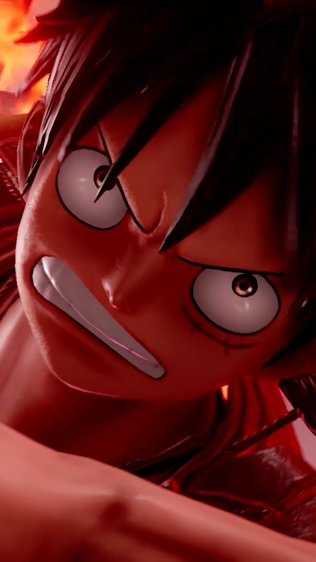 Close-up of Monkey D. Luffy from the video game Jump Force, shown with intense expression on a dynamic phone wallpaper for iPhones and Android devices.