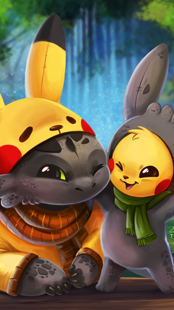 Phone wallpaper of Pikachu and Toothless (How to Train Your Dragon) cuddling in a forest, each wearing the other's hood — Pokémon x How to Train Your Dragon movie crossover for iPhone and Android.