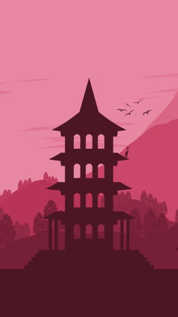 pagoda Japanese artistic landscape Phone Wallpaper