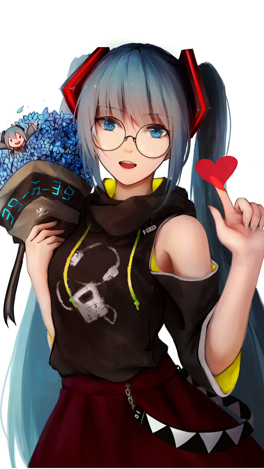 Anime-style Vocaloid character Hatsune Miku with long blue hair, blue eyes, glasses, and a smile, holding blue flowers and a red heart, designed as a phone wallpaper.