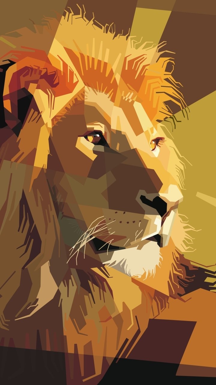 Geometric, artistic lion portrait in warm ochre and brown tones — a stylized animal illustration as a phone wallpaper with bold angular shapes and strong contrast.