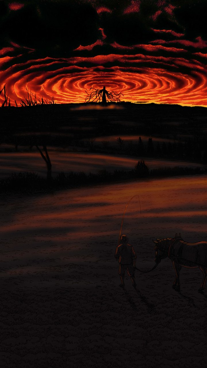 Berserk anime phone wallpaper: lone silhouetted figure atop a hill beneath a blood-red swirling sky, dark plains with a distant horse and rider.