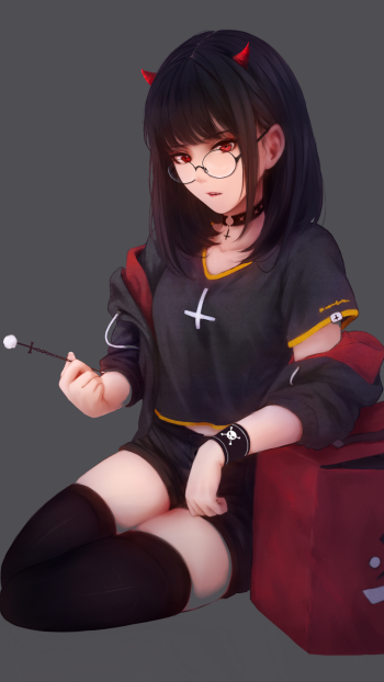 glasses shorts red eyes horns black hair Anime Original Phone Wallpaper