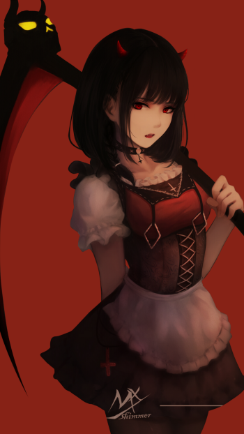 skirt black hair short hair red eyes scythe Anime Original Phone Wallpaper