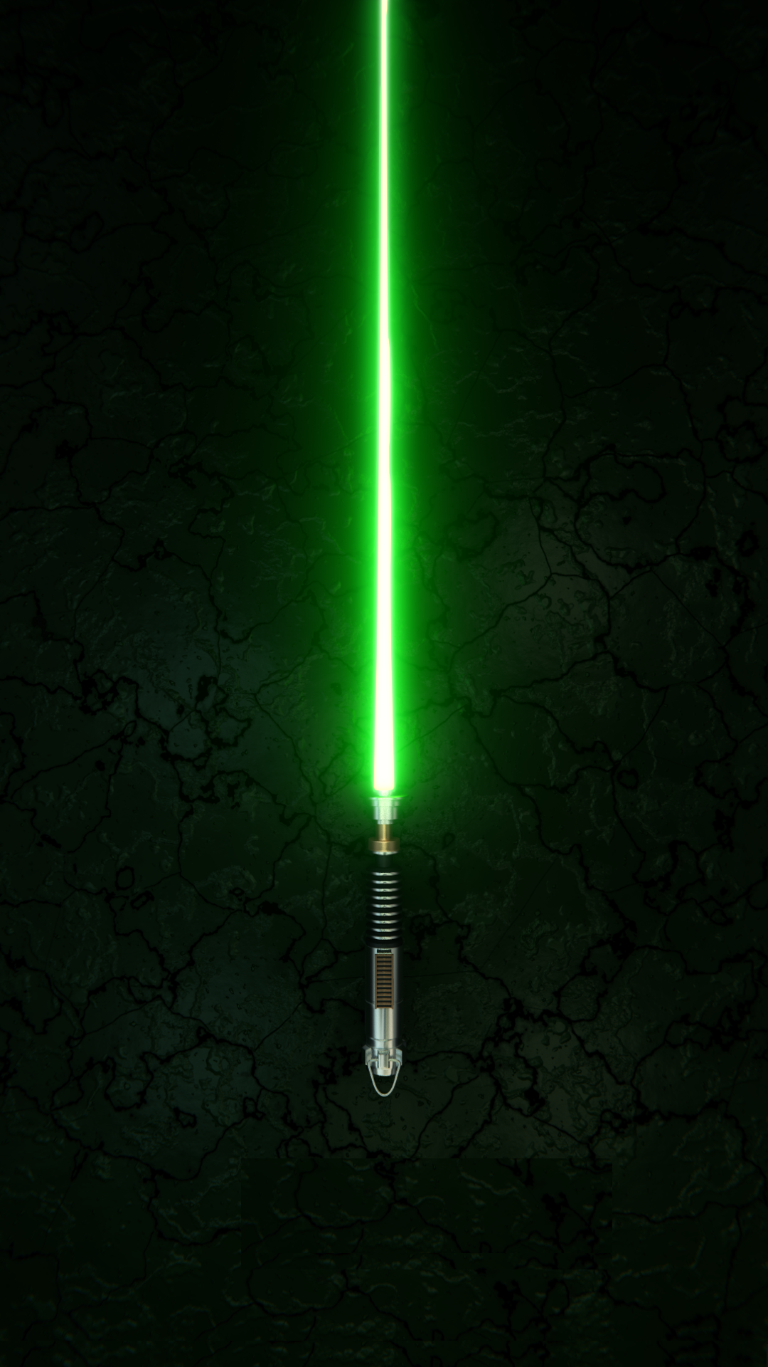 Star Wars green lightsaber phone wallpaper on cracked dark background.