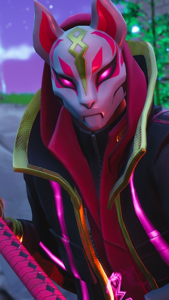 Phone wallpaper featuring a neon-lit Fortnite video game character wearing a fox mask and hooded jacket, glowing pink eyes against a purple night sky.