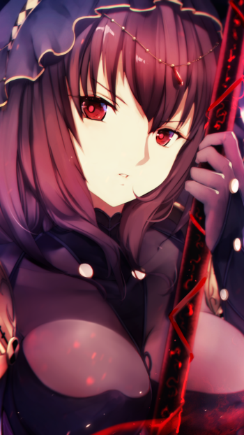 Phone wallpaper of Scathach (Fate/Grand Order), close-up anime portrait with red eyes and dark armor clutching a glowing red spear against a moody, shadowed background.