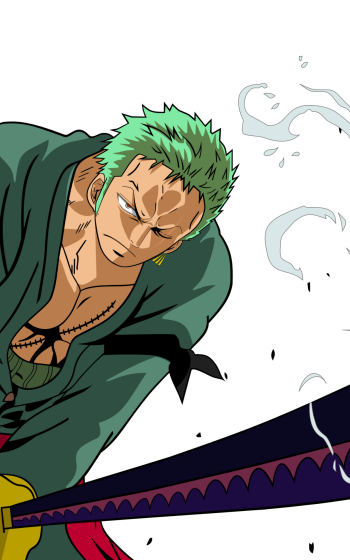 Roronoa Zoro from the One Piece anime phone wallpaper: green-haired swordsman crouched with drawn blade and wisps of smoke on a black background.