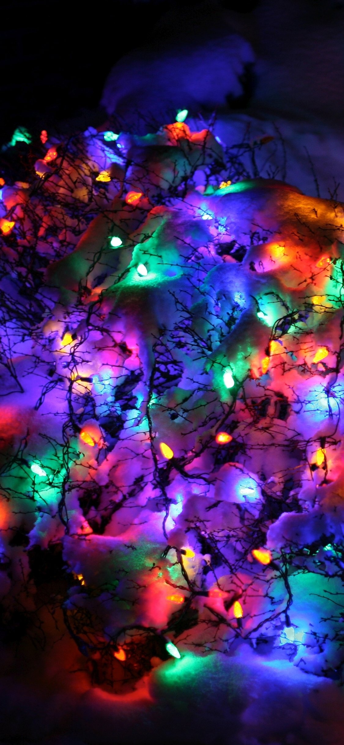 Phone wallpaper of colorful Christmas lights glowing atop snow, holiday reds, greens, blues and purples twinkling against a dark winter background.