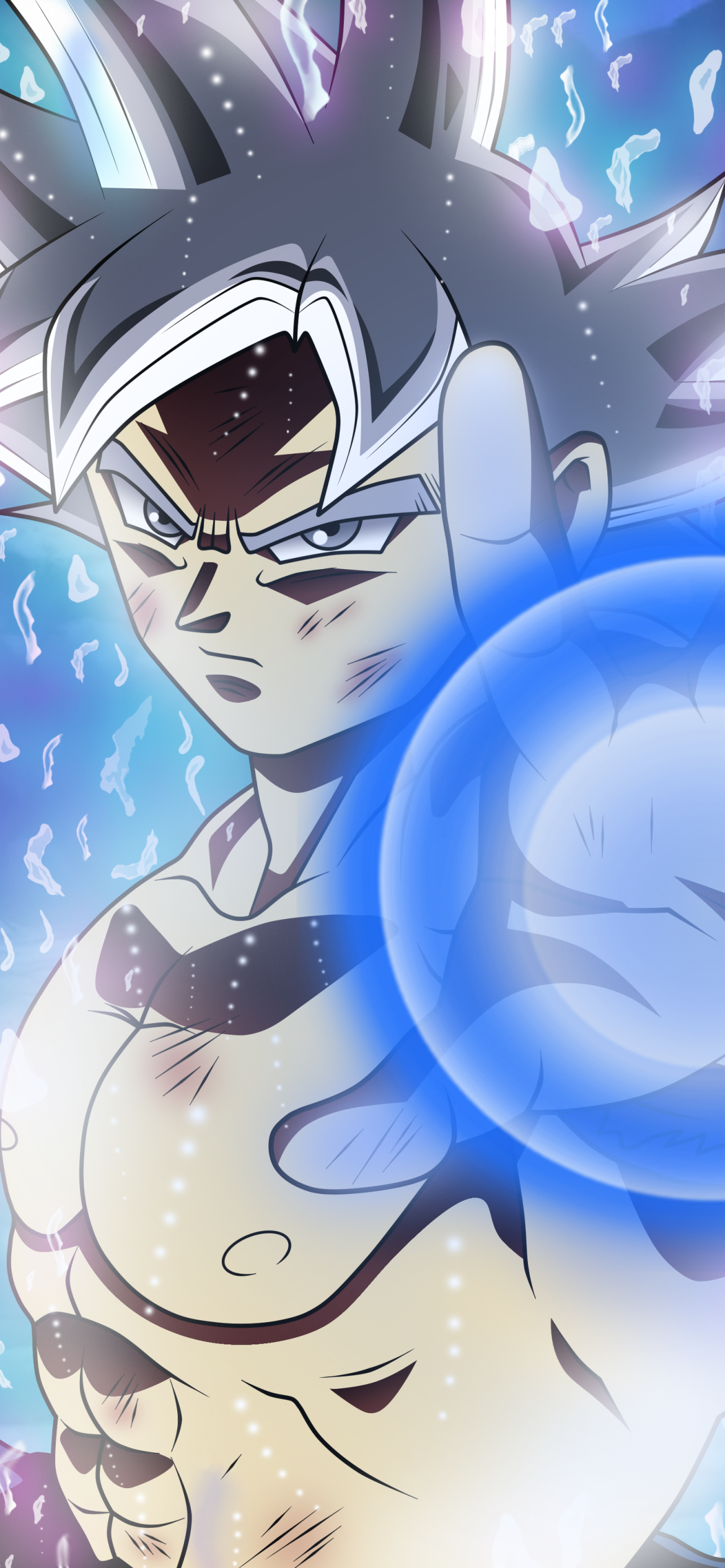 Vertical phone wallpaper of Goku in Ultra Instinct from Dragon Ball Super: silver hair, fierce gaze, blue crackling aura and a raised hand forming a glowing energy blast.