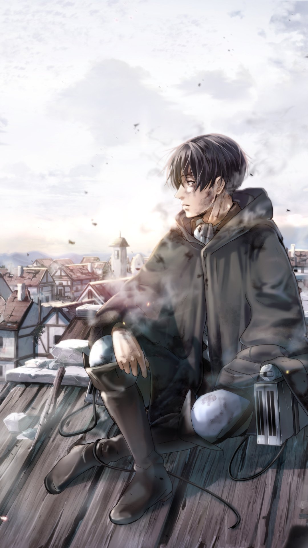 Anime-style Attack on Titan character sits thoughtfully on a rooftop at dawn, rendered as a detailed phone wallpaper for iPhones and Android devices.