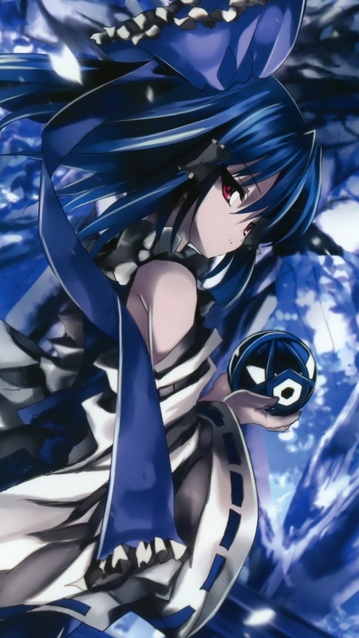 Phone wallpaper of Reimu Hakurei (Touhou) in anime style: blue-toned dynamic portrait with flowing hair and ribbon, clutching a yin-yang orb against a shattered-sky background.