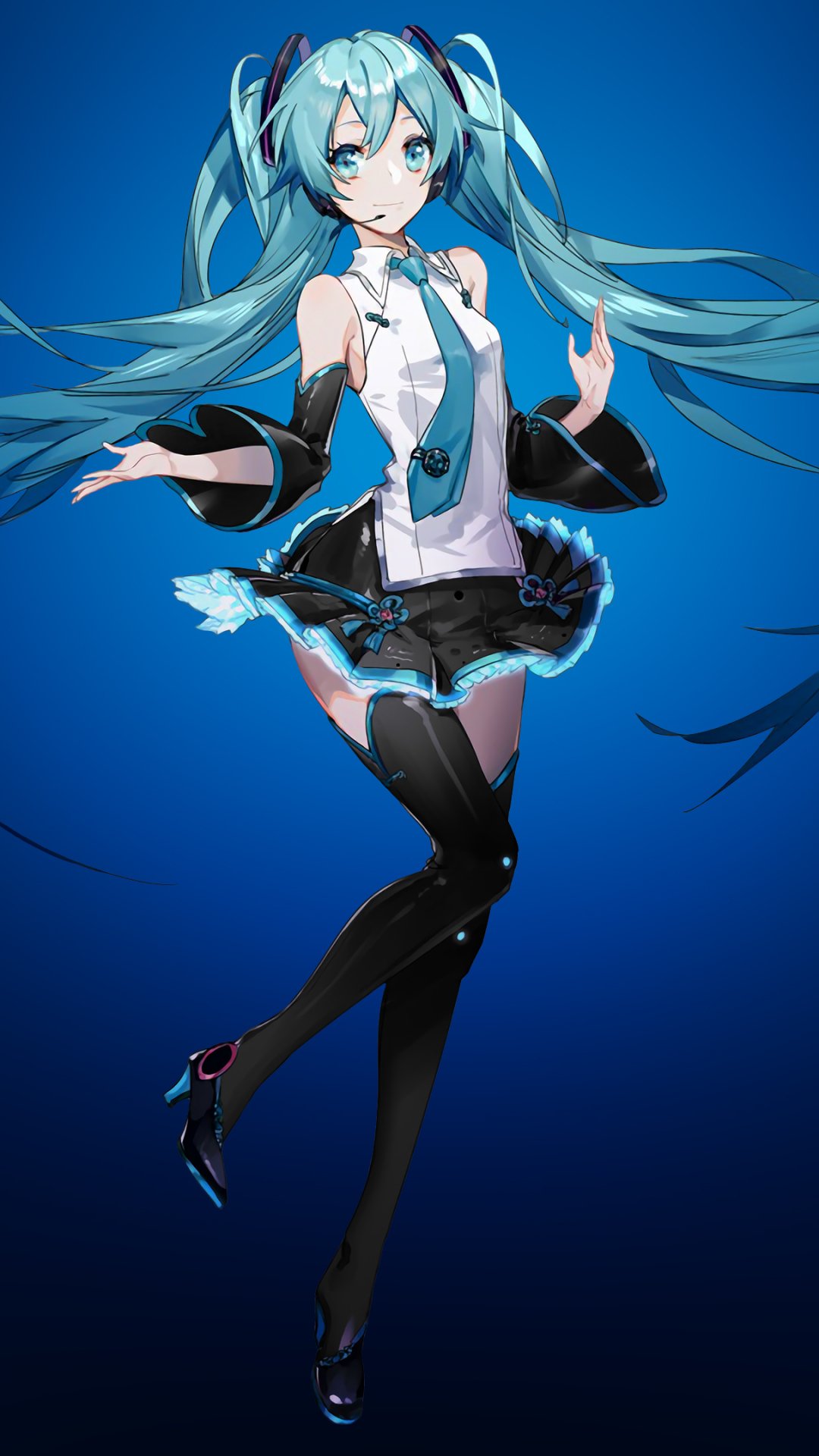 Phone wallpaper of Hatsune Miku, anime Vocaloid with flowing teal twin-tails and a futuristic teal-and-black outfit, floating mid-pose against a deep blue gradient background.