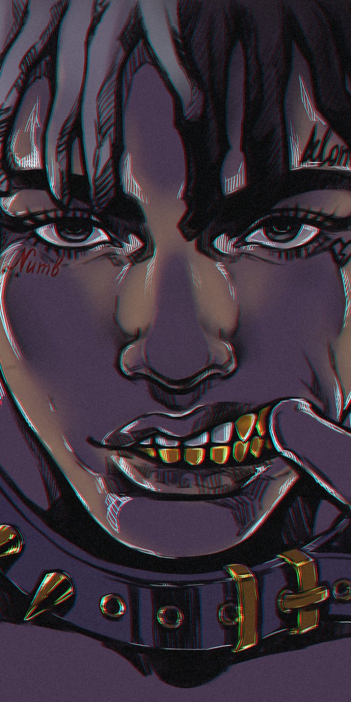 Music-themed phone wallpaper: stylized, moody portrait evoking an emo‑rap artist — close-up with piercing eyes, gold grills and a studded choker.