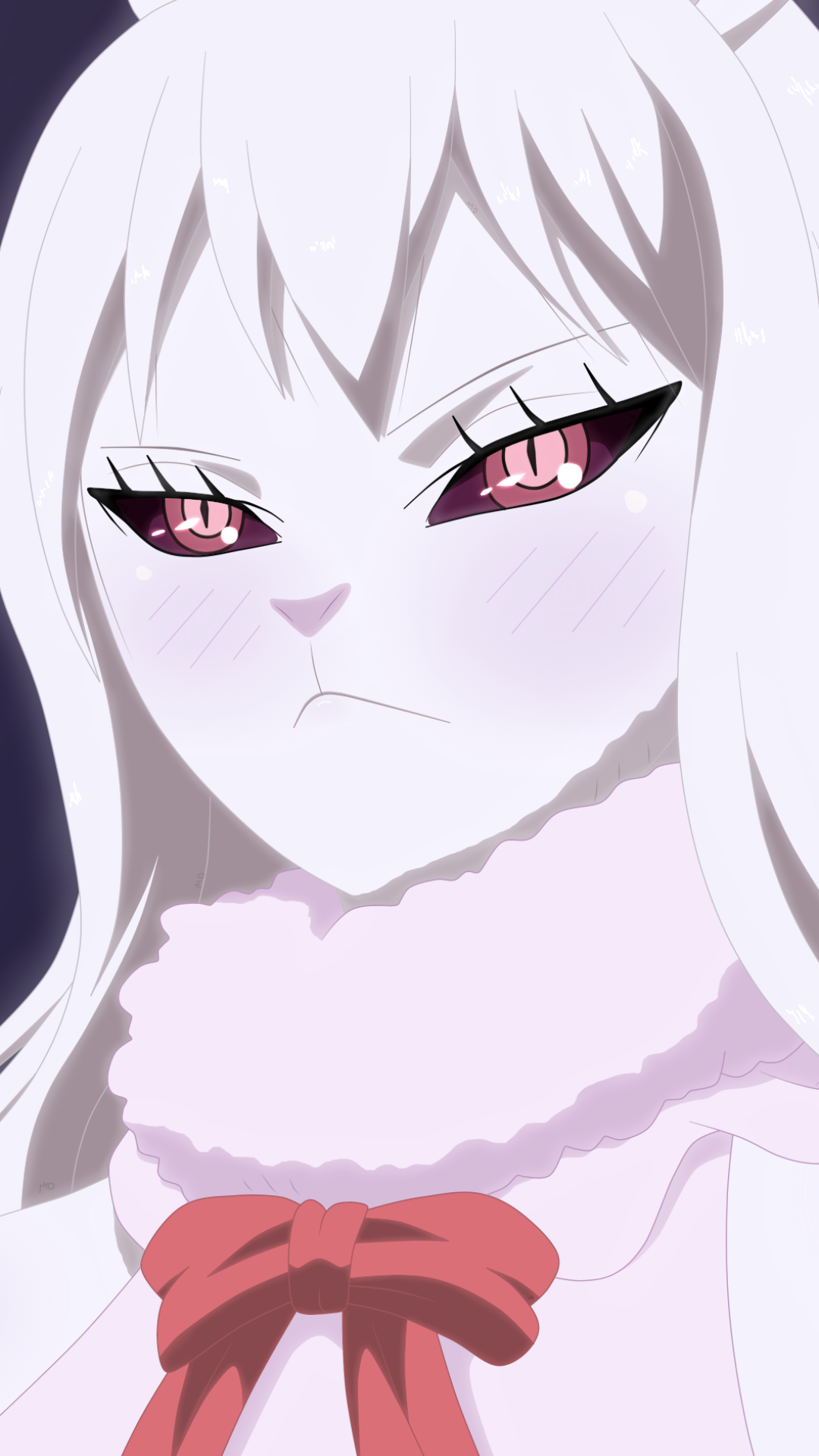 Phone wallpaper of Carrot (One Piece): close-up anime portrait with white hair and bunny ears, pink eyes, flushed cheeks, fluffy collar and red bow, pouting expression.