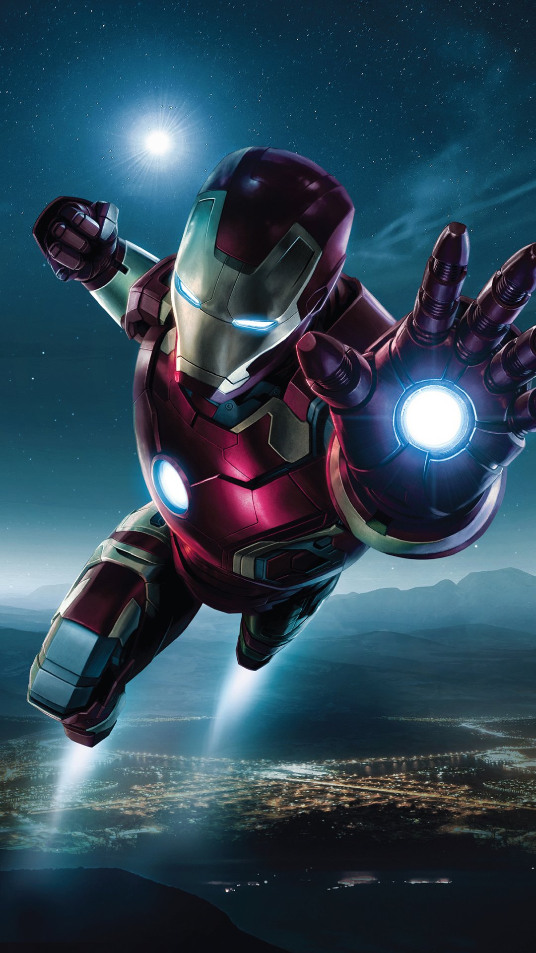 Phone wallpaper of Iron Man from Avengers: Age of Ultron — armored suit flying toward the viewer over a lit coastline, arc reactor and repulsor beams glowing against a starry sky.