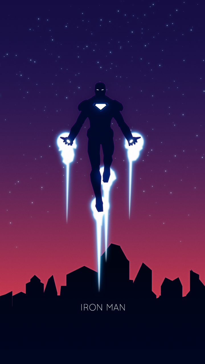 Comic Iron Man phone wallpaper: silhouetted hero hovers over a city skyline at dusk, glowing arc reactor and repulsors beam light against a star-filled purple-to-red gradient sky.