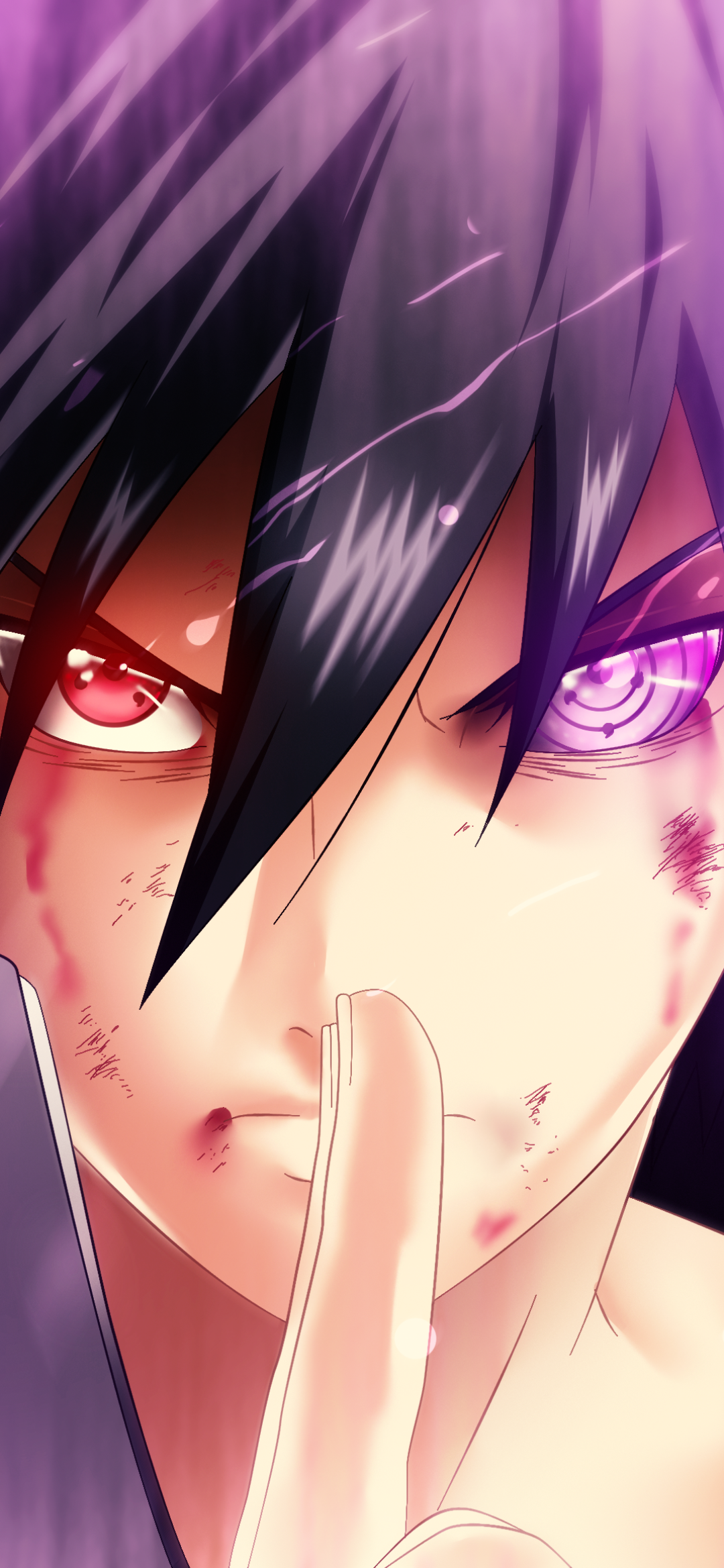 Close-up of Sasuke Uchiha from Naruto with intense eyes, one sharingan glowing, designed as a vibrant anime wallpaper for iPhone and Android phones.