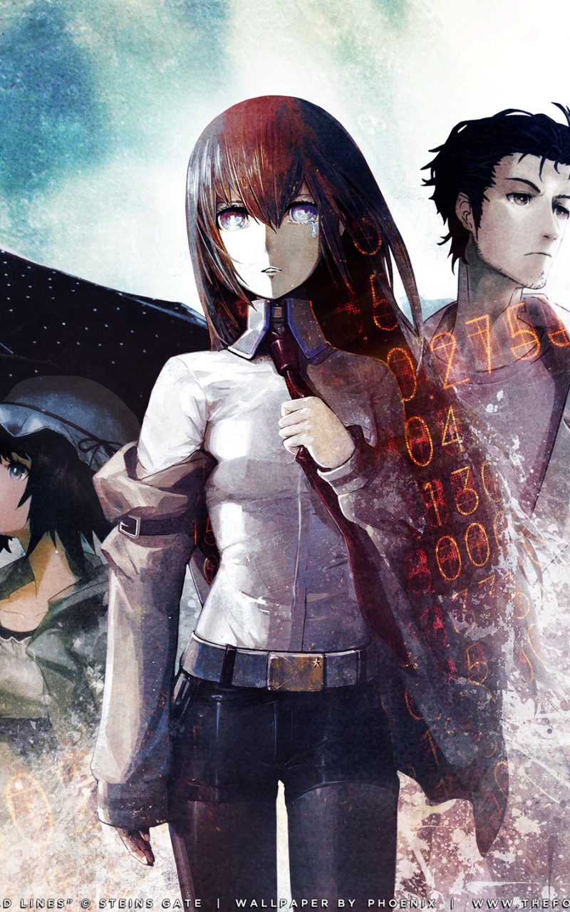 Steins;Gate anime phone wallpaper: Makise Kurisu stands center holding a device, flanked by Rintaro Okabe and Mayuri, glowing red code overlays and a textured blue-white background.