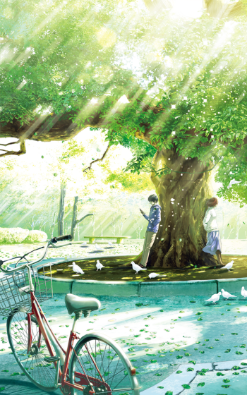 bicycle sunbeam tree Anime Original Phone Wallpaper