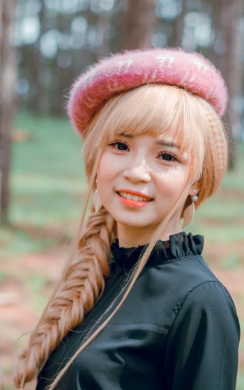 hat braid long hair blonde smile model woman asian Phone Wallpaper