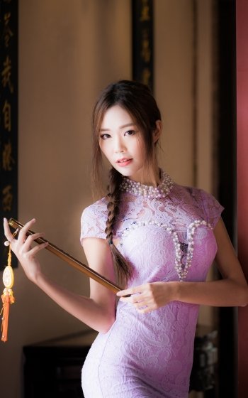 braid brunette pink dress model woman asian Phone Wallpaper
