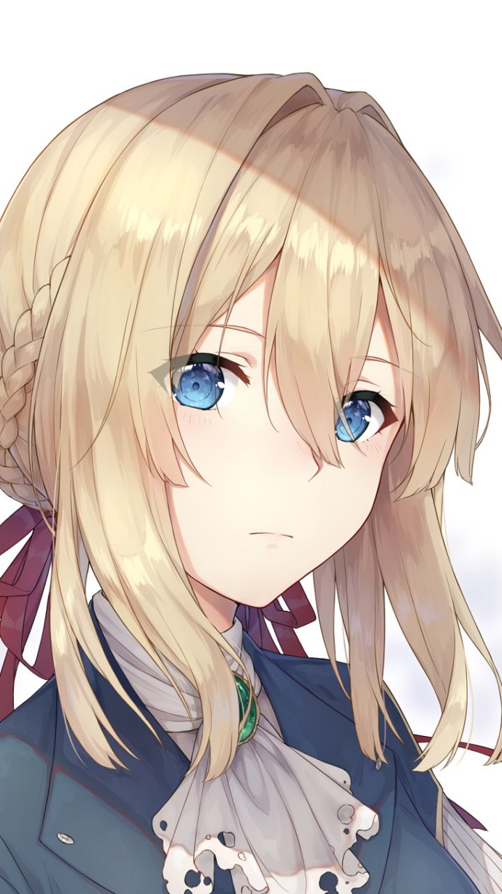 Phone wallpaper of anime character Violet Evergarden: close-up of her face with blonde hair, braided side, and clear blue eyes.