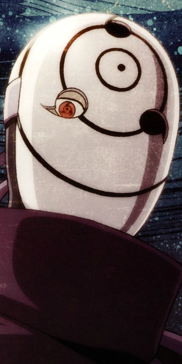 Phone wallpaper of Obito Uchiha from the Naruto anime: masked figure with spiral white mask, single visible Sharingan eye, dark cloak against a starry, textured background.
