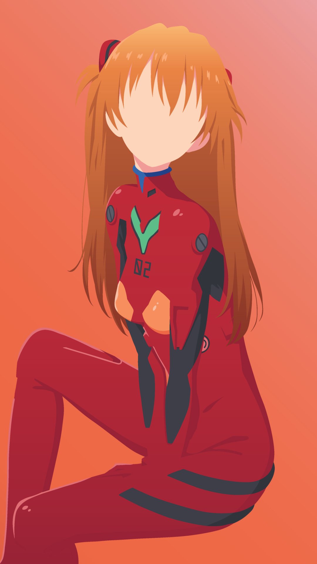 Minimalist phone wallpaper featuring Asuka Langley Sohryu from Neon Genesis Evangelion in her red plugsuit, designed for both iPhone and Android screens.