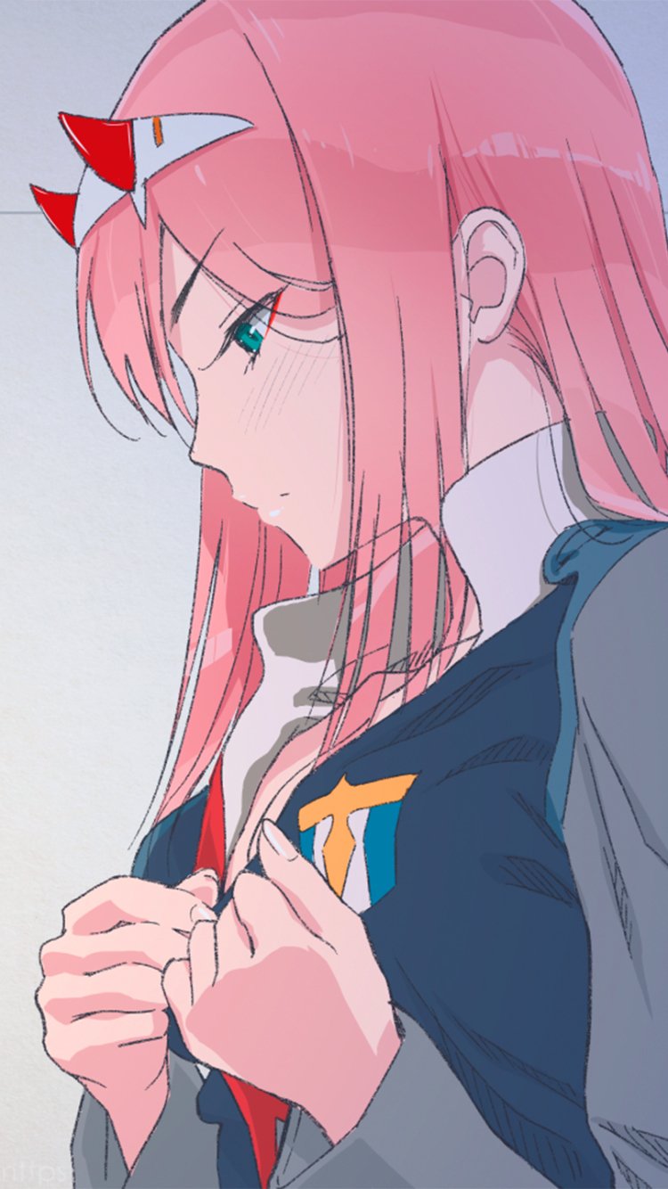Side-profile of Zero Two (Darling in the FranXX) with pink hair, green eyes and a faint blush, adjusting her jacket; anime-style phone wallpaper.