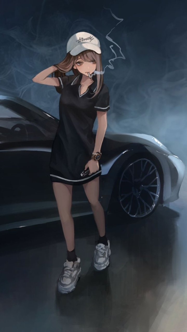 Anime-style phone wallpaper featuring a brown-haired girl in a cap standing confidently beside a sleek car, designed for iPhone and Android screens.