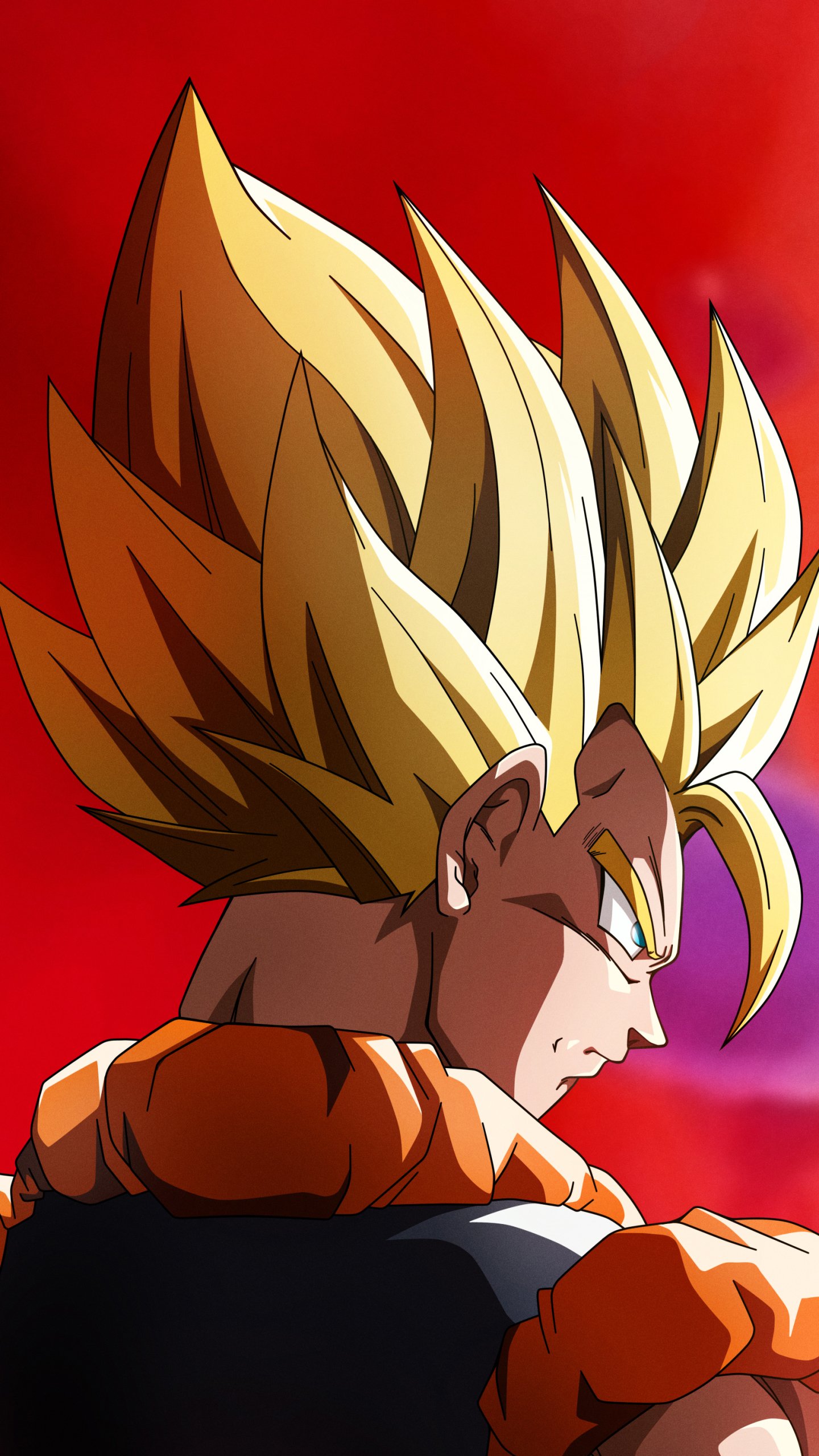 Phone wallpaper featuring Gogeta from Dragon Ball Z in anime style, designed for both iPhones and Android devices with vibrant red background and dynamic pose.