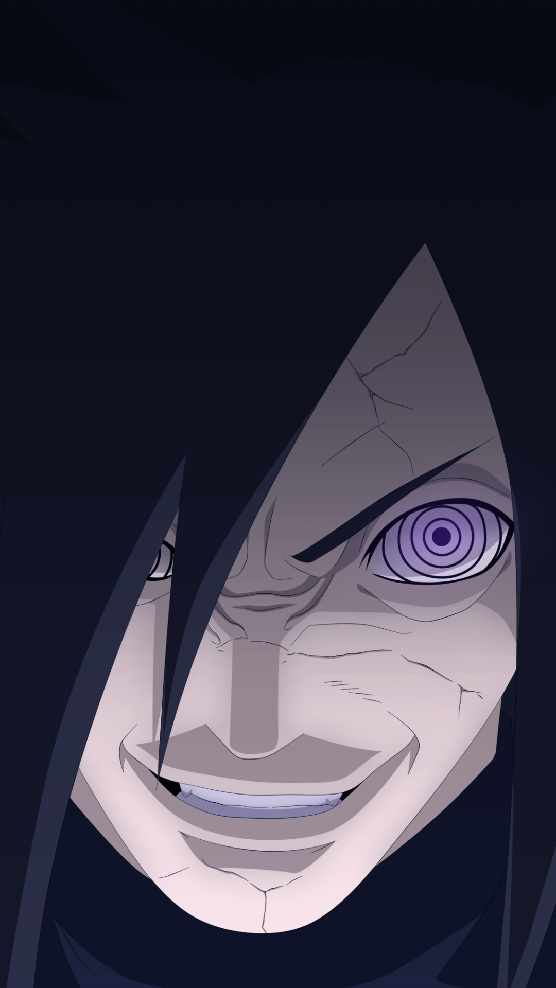 Close-up of Madara Uchiha with glowing Rinnegan, cracked skin and a sinister grin on a dark background — iPhone and Android phone wallpaper.