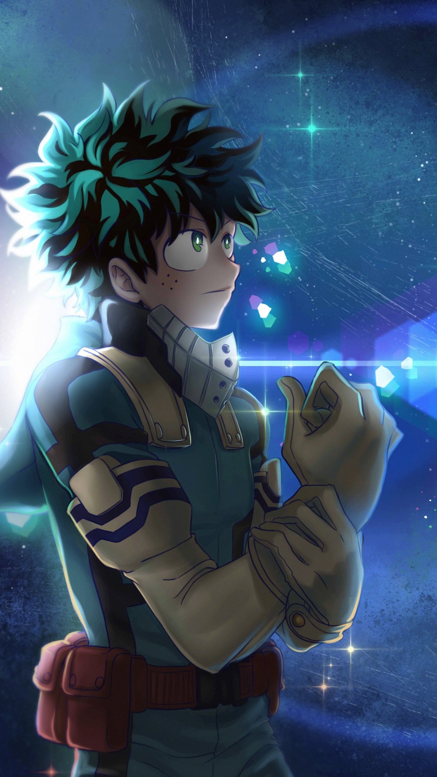 Phone wallpaper of Izuku Midoriya from My Hero Academia: green-haired anime hero in his costume gazing at a glowing, starry blue background.