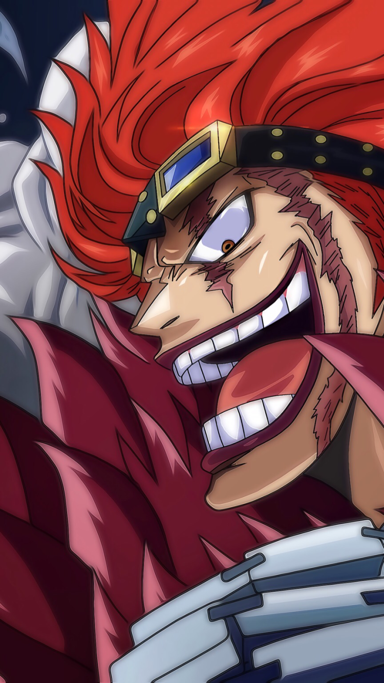 Vibrant phone wallpaper featuring Eustass Kid from the anime One Piece, showcasing his fierce expression and signature red hair on a dynamic background.