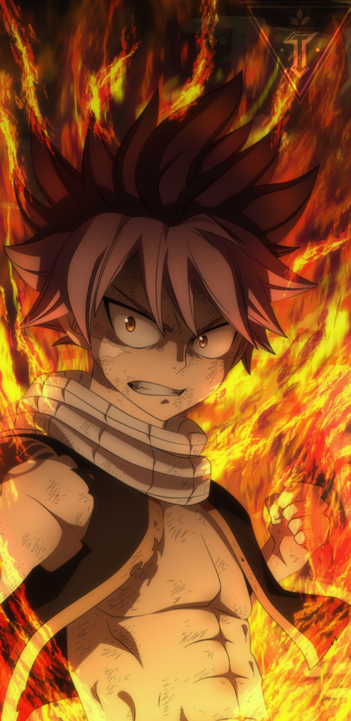 Phone wallpaper of Natsu Dragneel from Fairy Tail: fierce and shirtless with his scarf, clenched fist and burning flames roaring behind him.