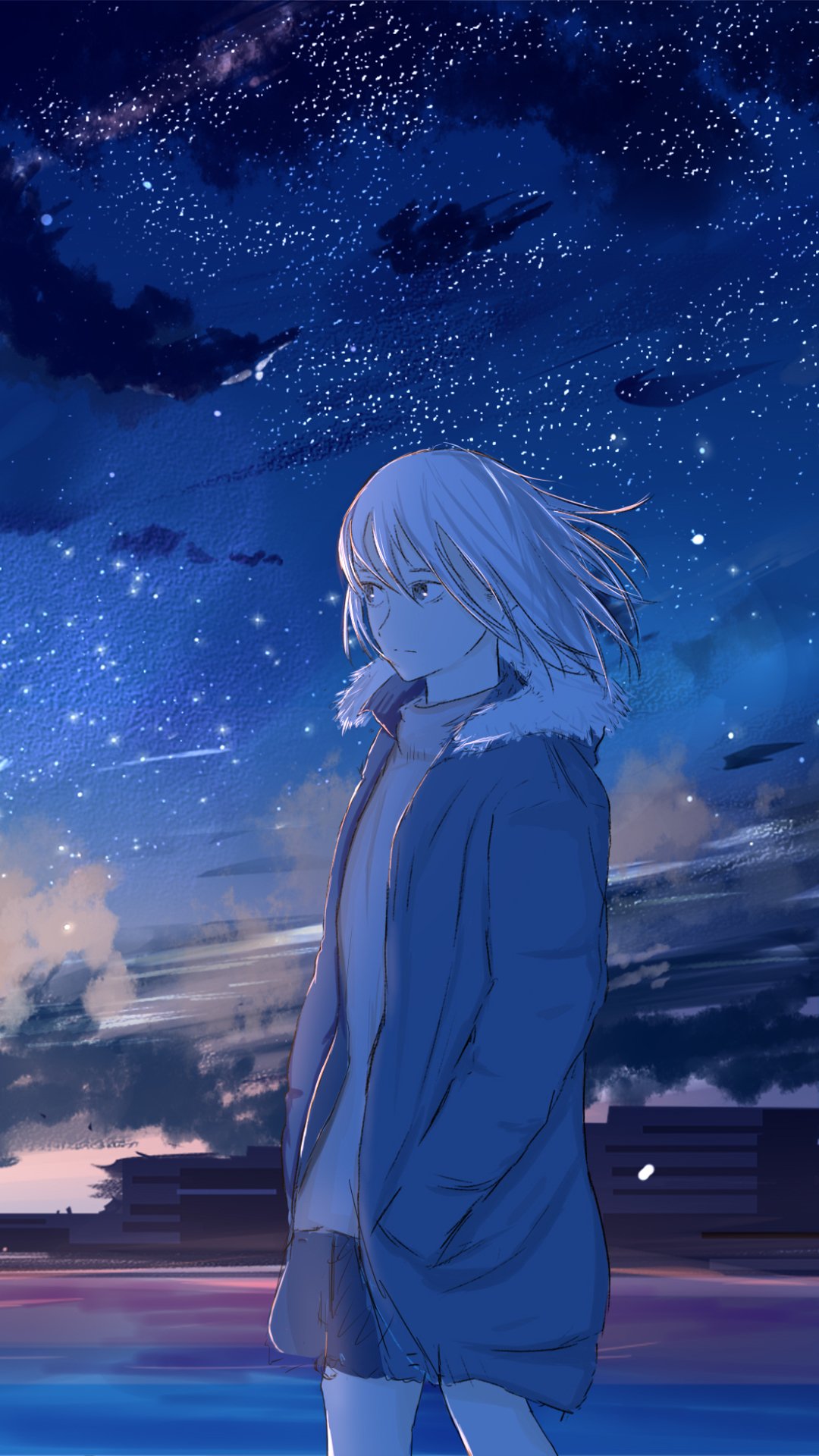 Phone wallpaper of an original anime city: a short-haired blonde in a coat stands by the waterfront beneath a star-filled night sky.