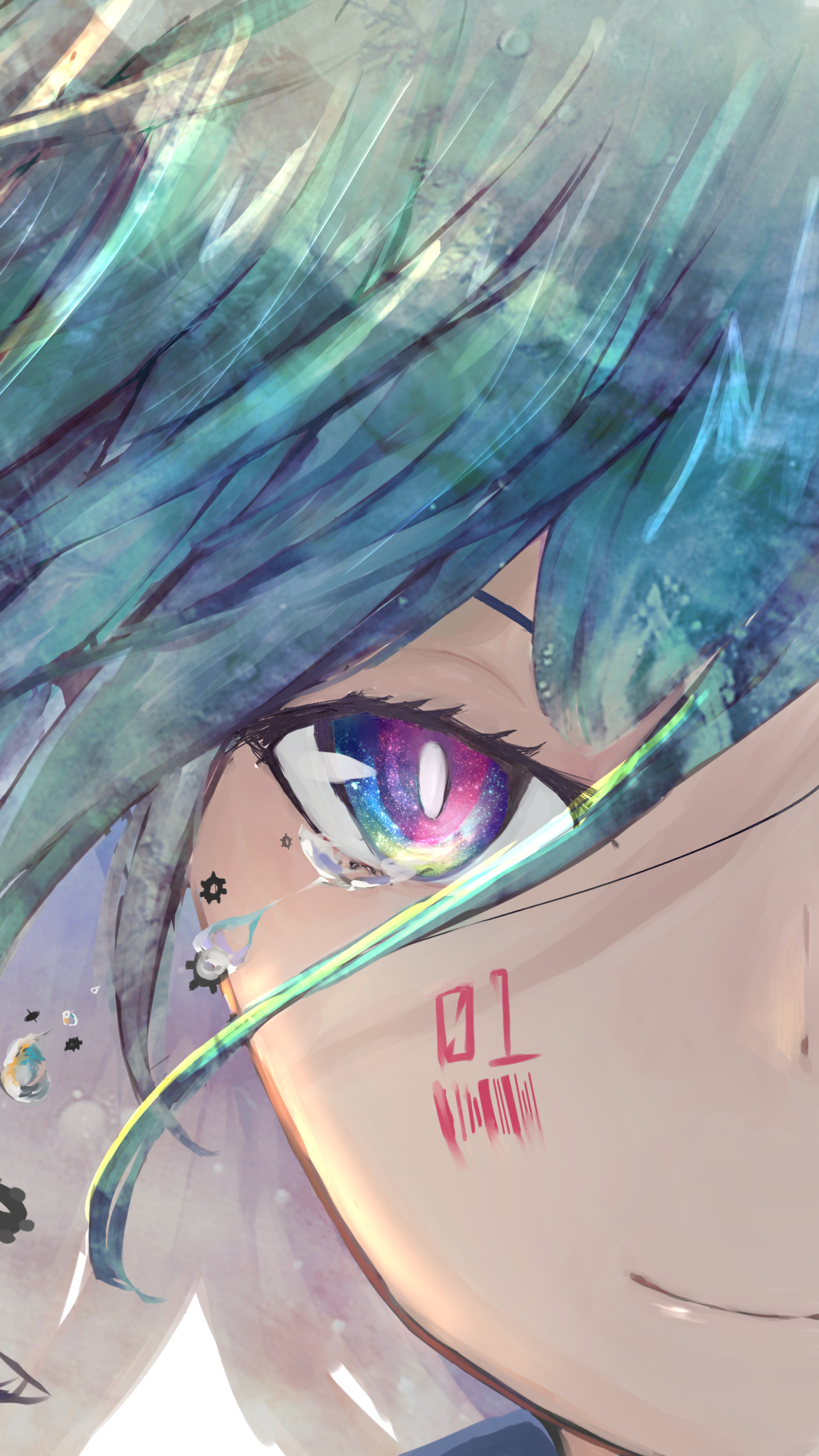 Phone wallpaper of Hatsune Miku (Vocaloid): anime close-up with teal hair, a multicolored eye, red '01' cheek mark and a gentle smile.