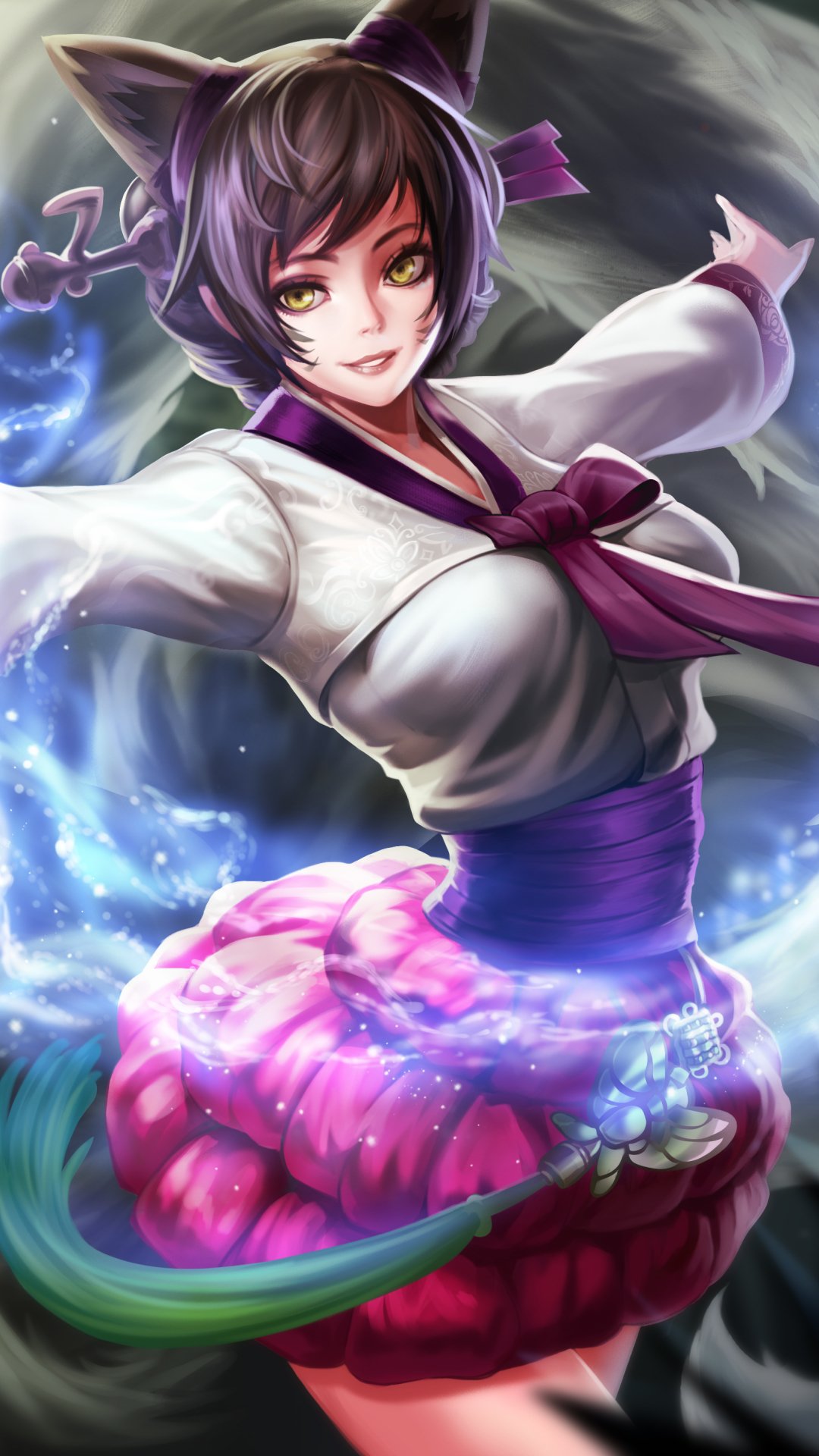 Phone wallpaper of Ahri (League of Legends) — fox-eared mage from the video game League of Legends, wearing white and purple and casting swirling blue magic.