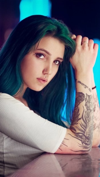brown eyes blue hair model woman tattoo Phone Wallpaper