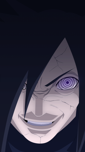 Close-up of Madara Uchiha with glowing Rinnegan, cracked skin and a sinister grin on a dark background — iPhone and Android phone wallpaper.