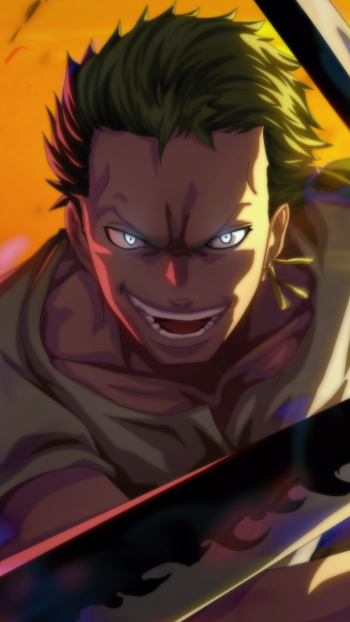 Phone wallpaper of Roronoa Zoro from One Piece anime — grinning fiercely, swords drawn, green hair and glowing eyes against a fiery backdrop.