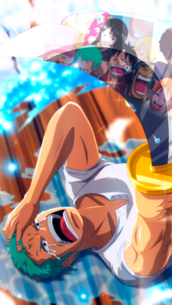 Phone wallpaper of One Piece's Roronoa Zoro laughing with tears, reclining amid vibrant rain effects, while the Straw Hat crew smiles together in the blurred background.