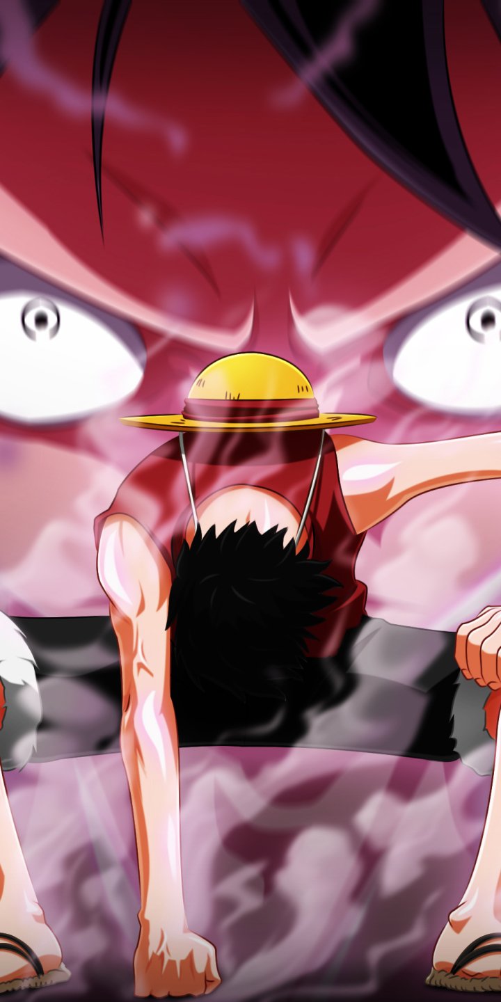 Anime phone wallpaper featuring Monkey D. Luffy from One Piece with intense eyes and signature straw hat, designed for iPhone and Android screens.