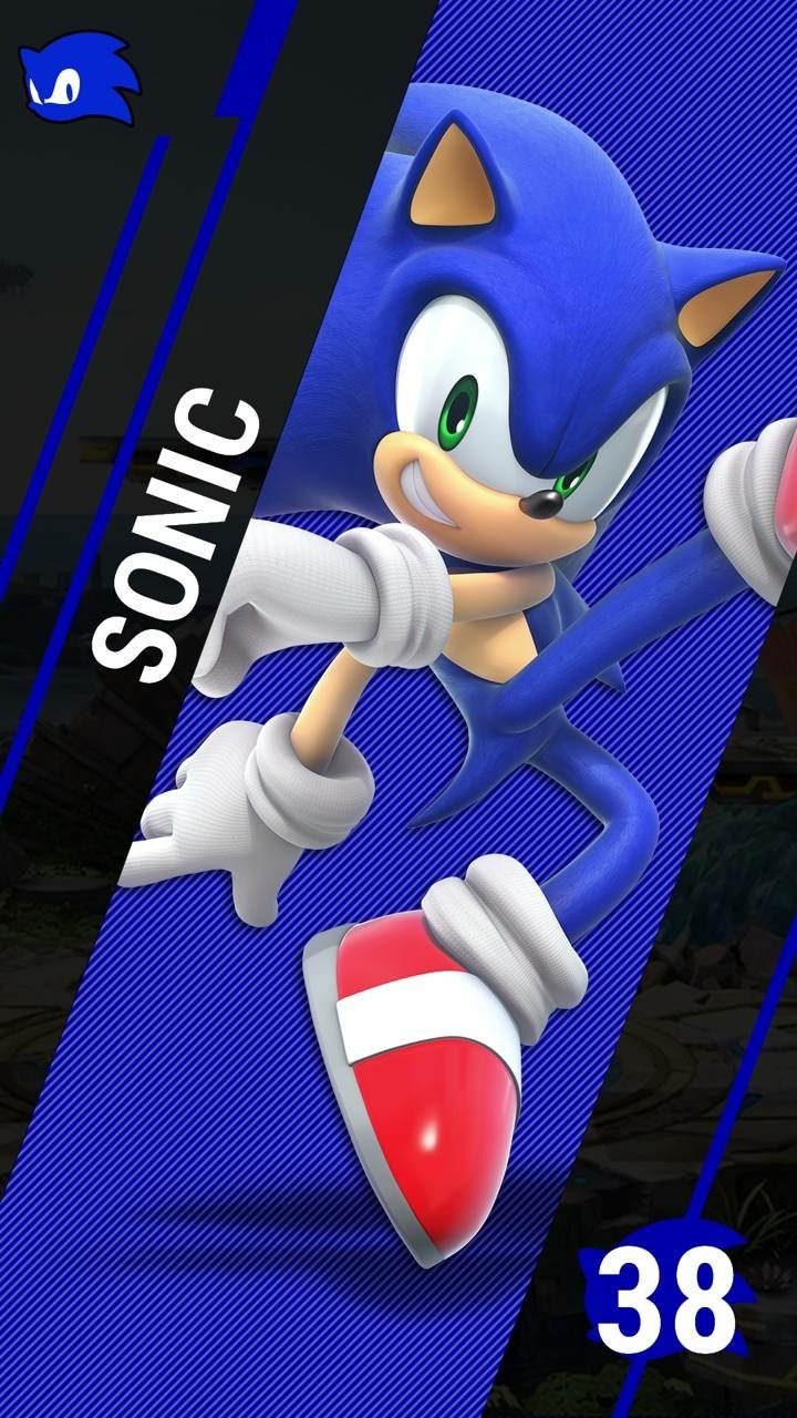 Phone wallpaper of Sonic the Hedgehog from the video game Super Smash Bros. Ultimate: blue fighter-card layout, Sonic mid-jump with 'SONIC' label and number 38.