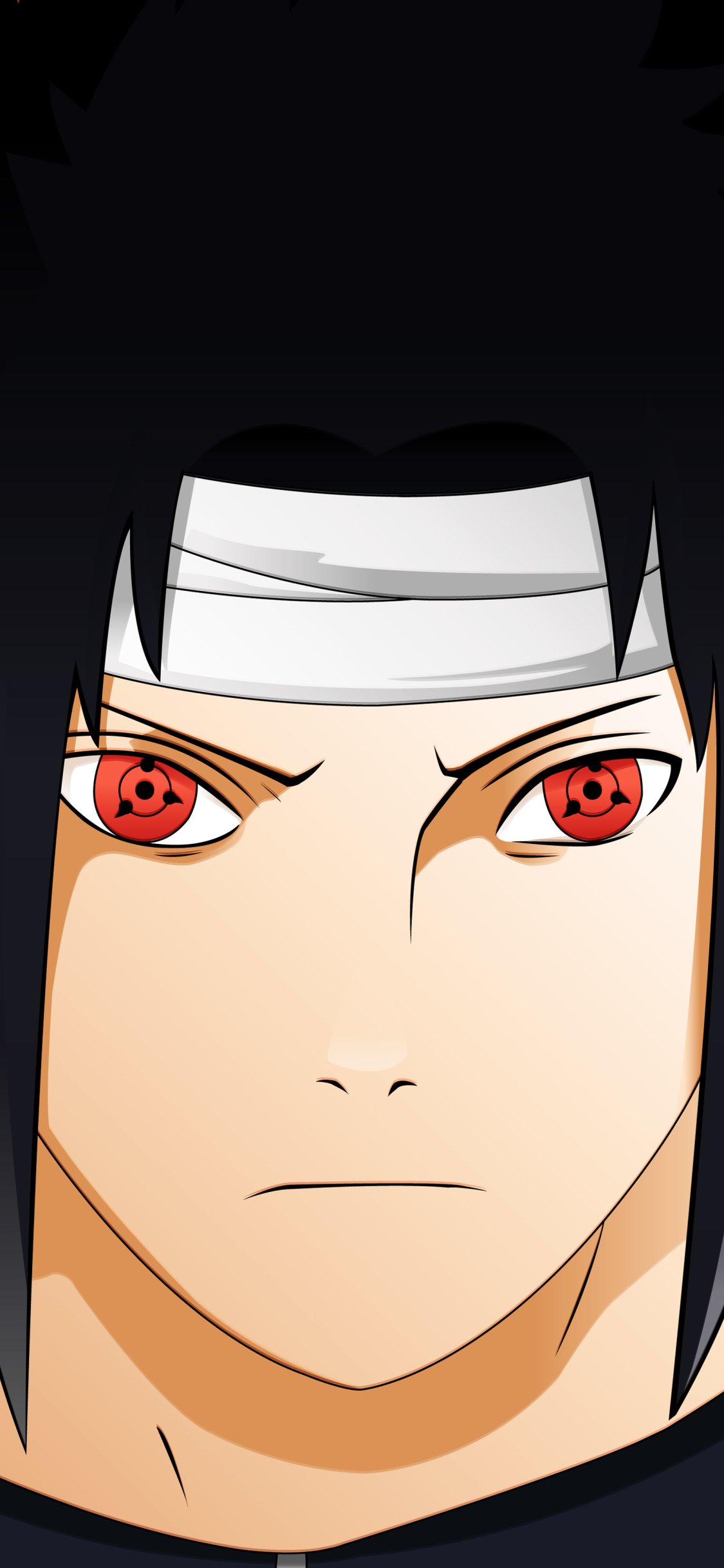 Close-up anime portrait of Sasuke Uchiha with glowing red Sharingan eyes and headband — vertical Naruto phone wallpaper formatted for iPhone and Android.