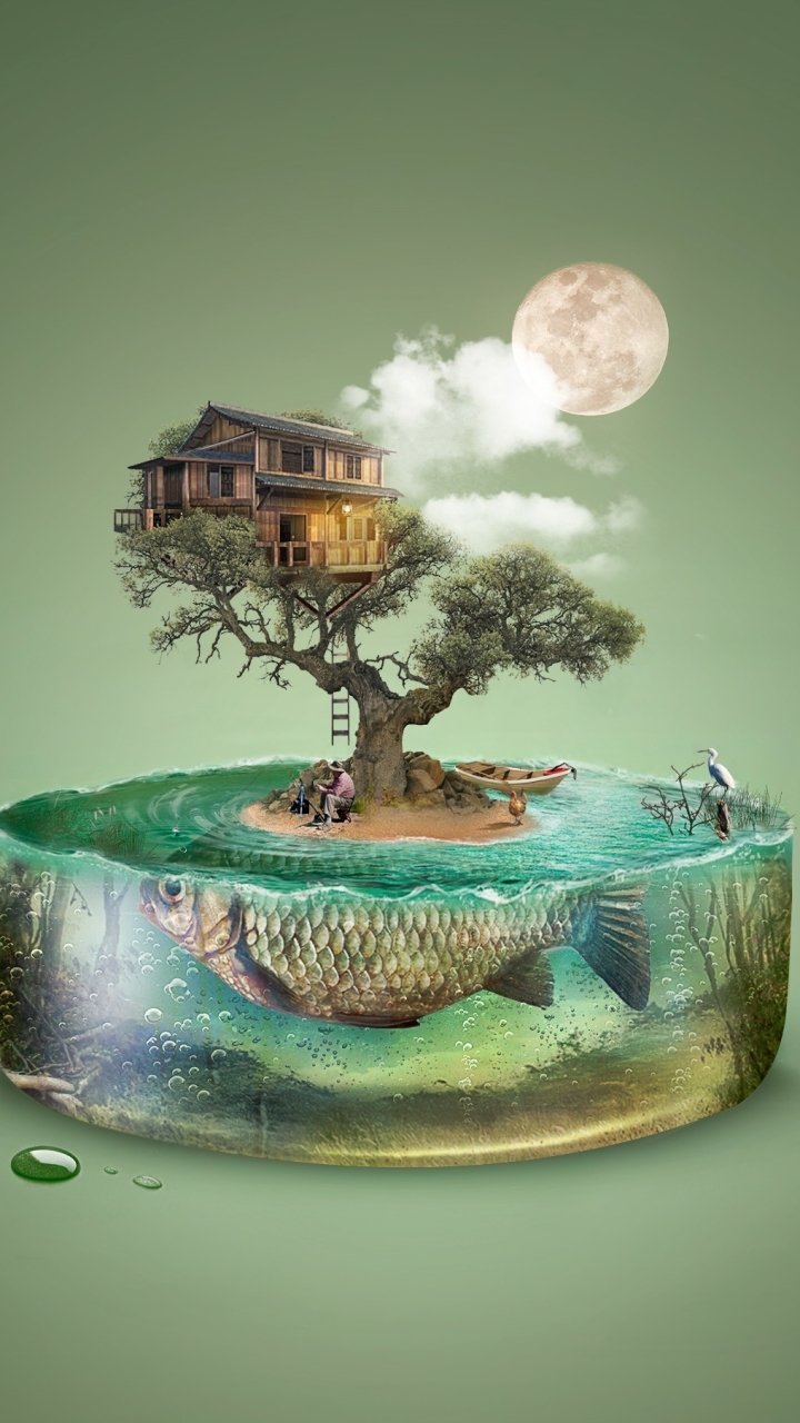 Download Underwater House Island Fish Tree Artistic Surreal Phone Wallpaper