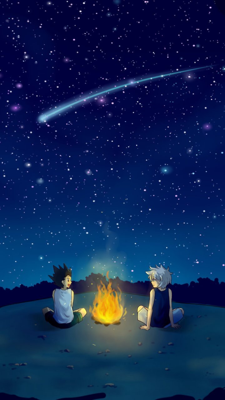 Phone wallpaper featuring Gon Freecss and Killua Zoldyck from Hunter x Hunter sitting by a campfire under a starry night sky with a shooting star.