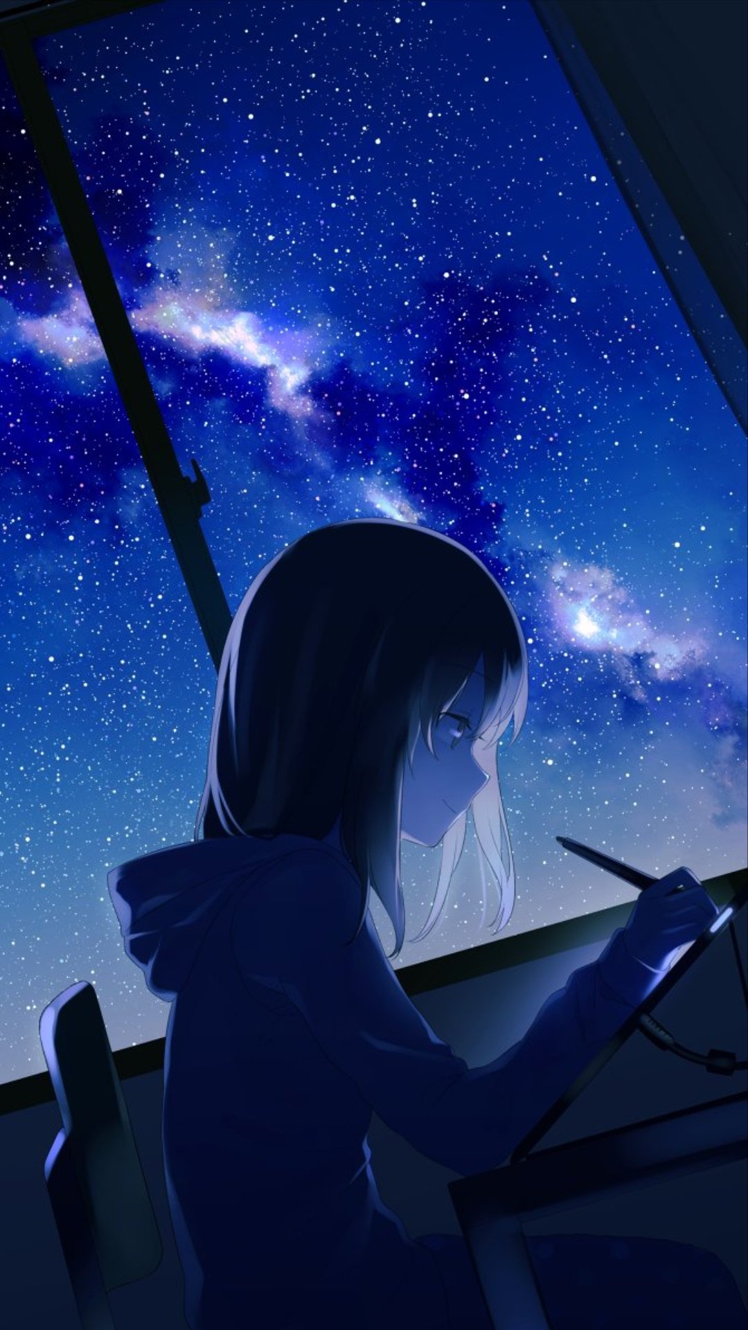Anime-style original artwork of a girl drawing by a window with a starry night sky, designed as a phone wallpaper compatible with iPhones and Android devices.
